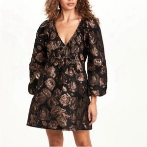 MISA Los Angeles Edie Dress in Rose Gold Jacquard medium balloon sleeve babydoll